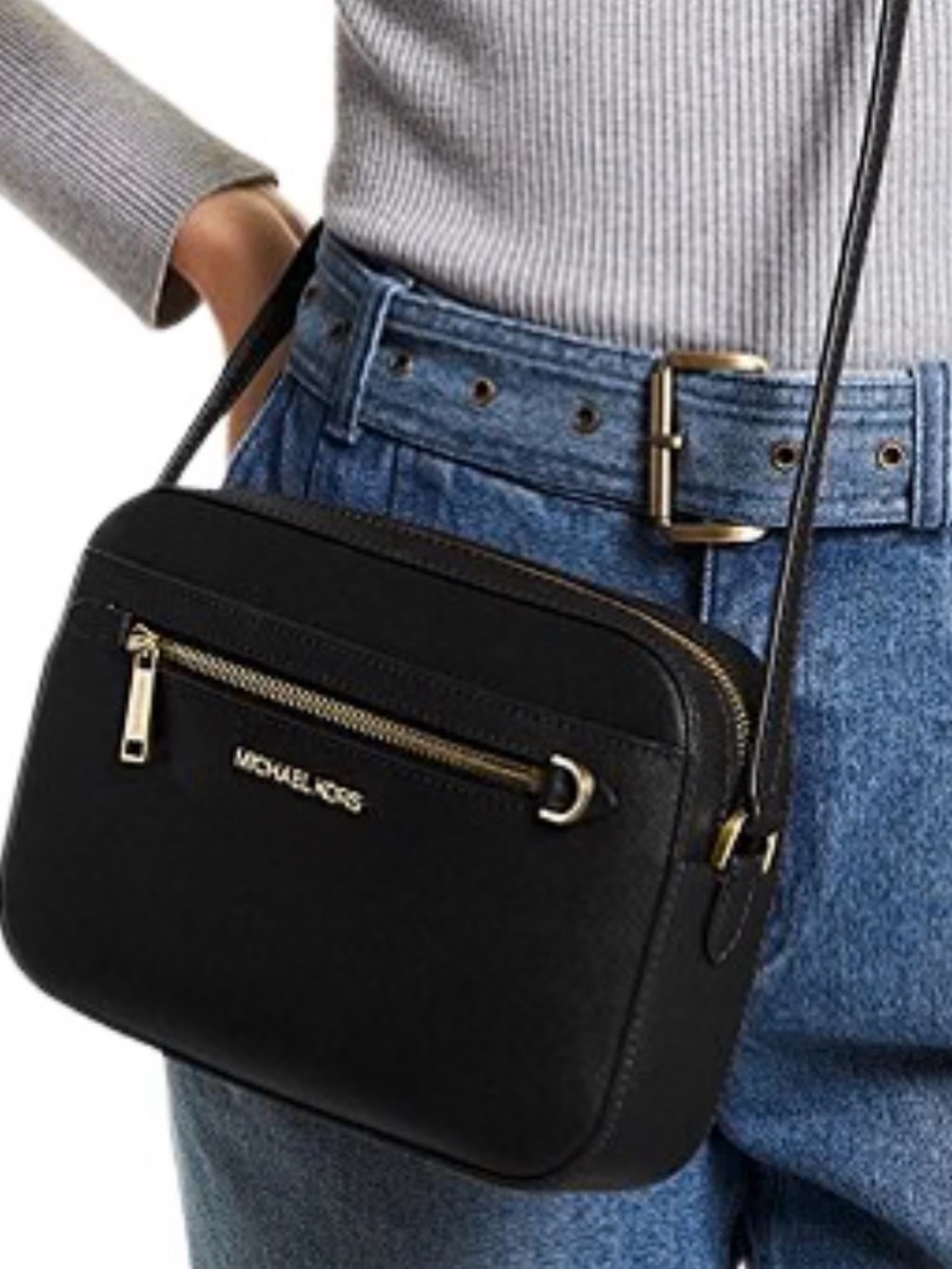 New Michael Kors Black Leather Crossbody with Gold Hardware
